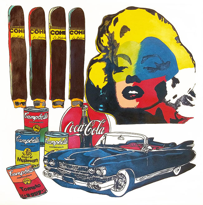 MARILYN COLLAGE- COKE, CAMPBELL'S SOUP, CADILLAC, CIGAR